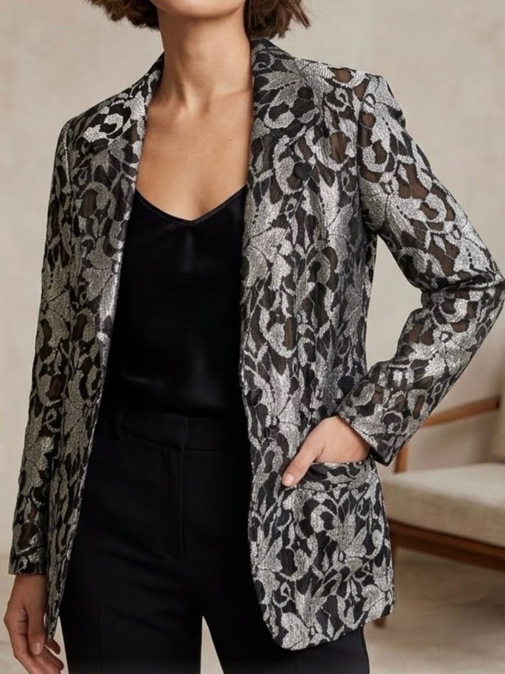 Joan Walter’s petites Black and Silver Floral Brocade Blazer